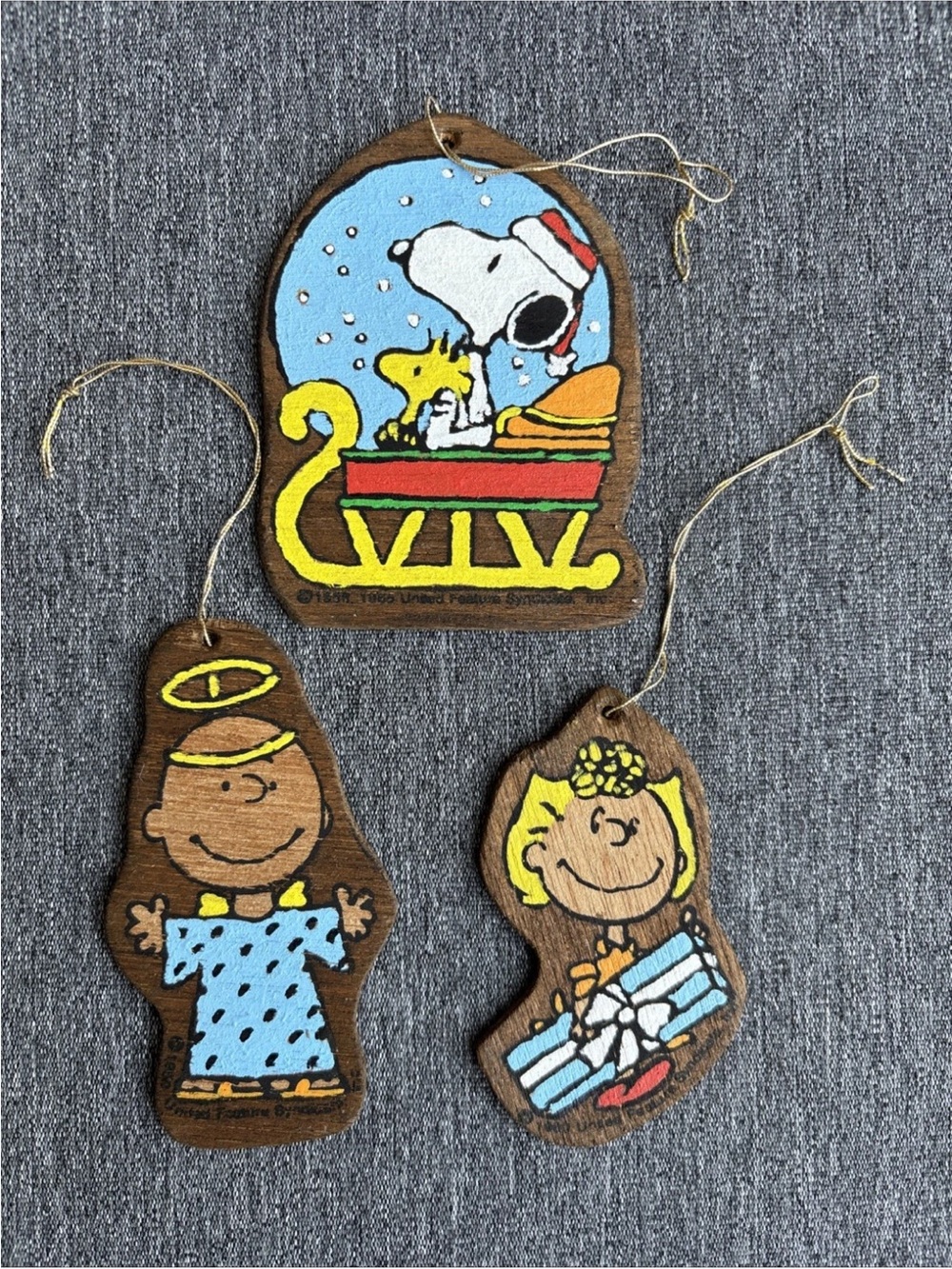 Three 1958-1965 Vintage Flat Wooden Painted Snoopy Peanuts Christmas Ornaments